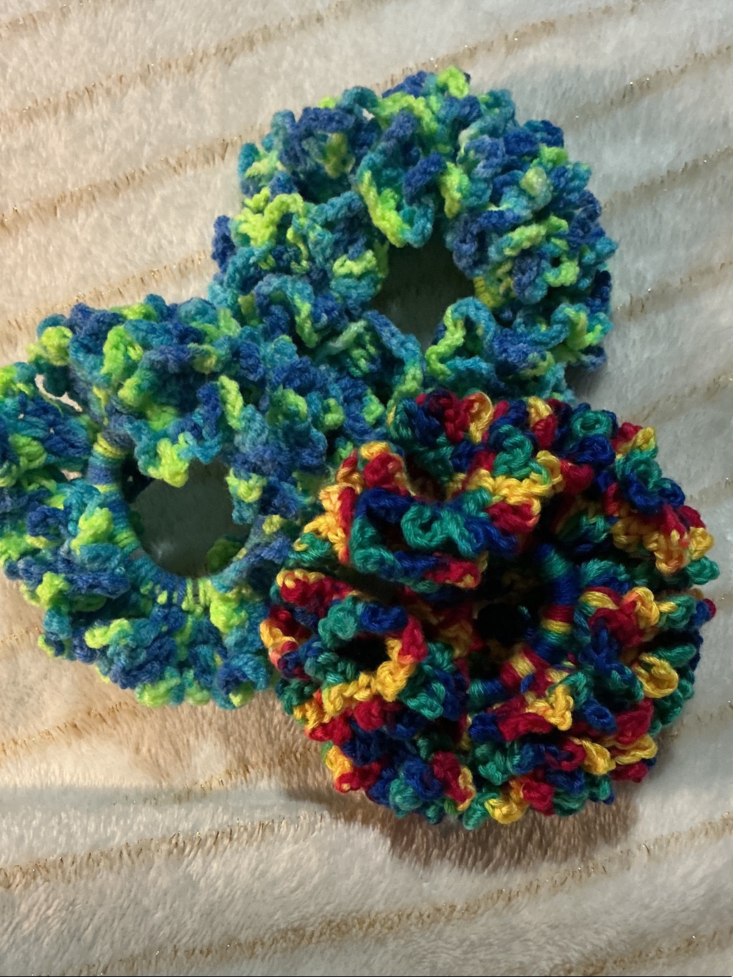 Crochet Scrunchies - Blue, Green & Multicolor